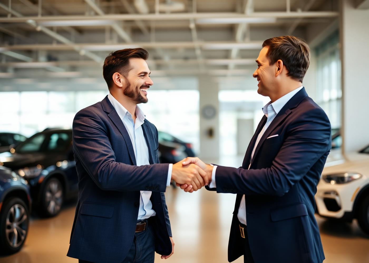 Two professionals shaking hands in a dealership showroom