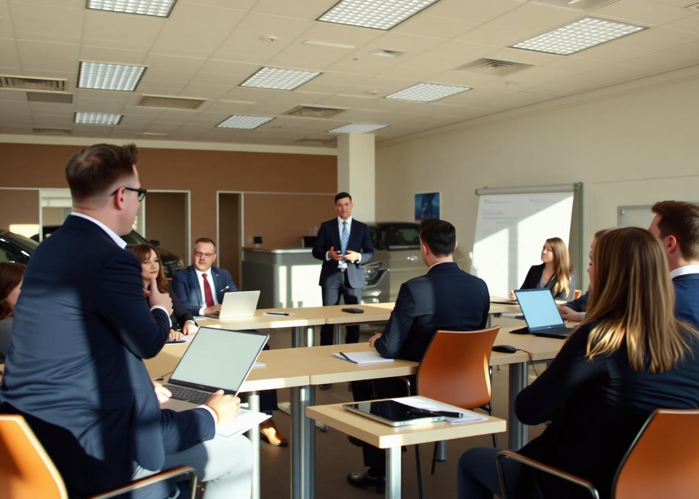 Dealership training session with attentive staff